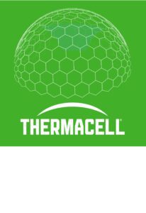 White vector graphic a thermacell protection shield on a green background.